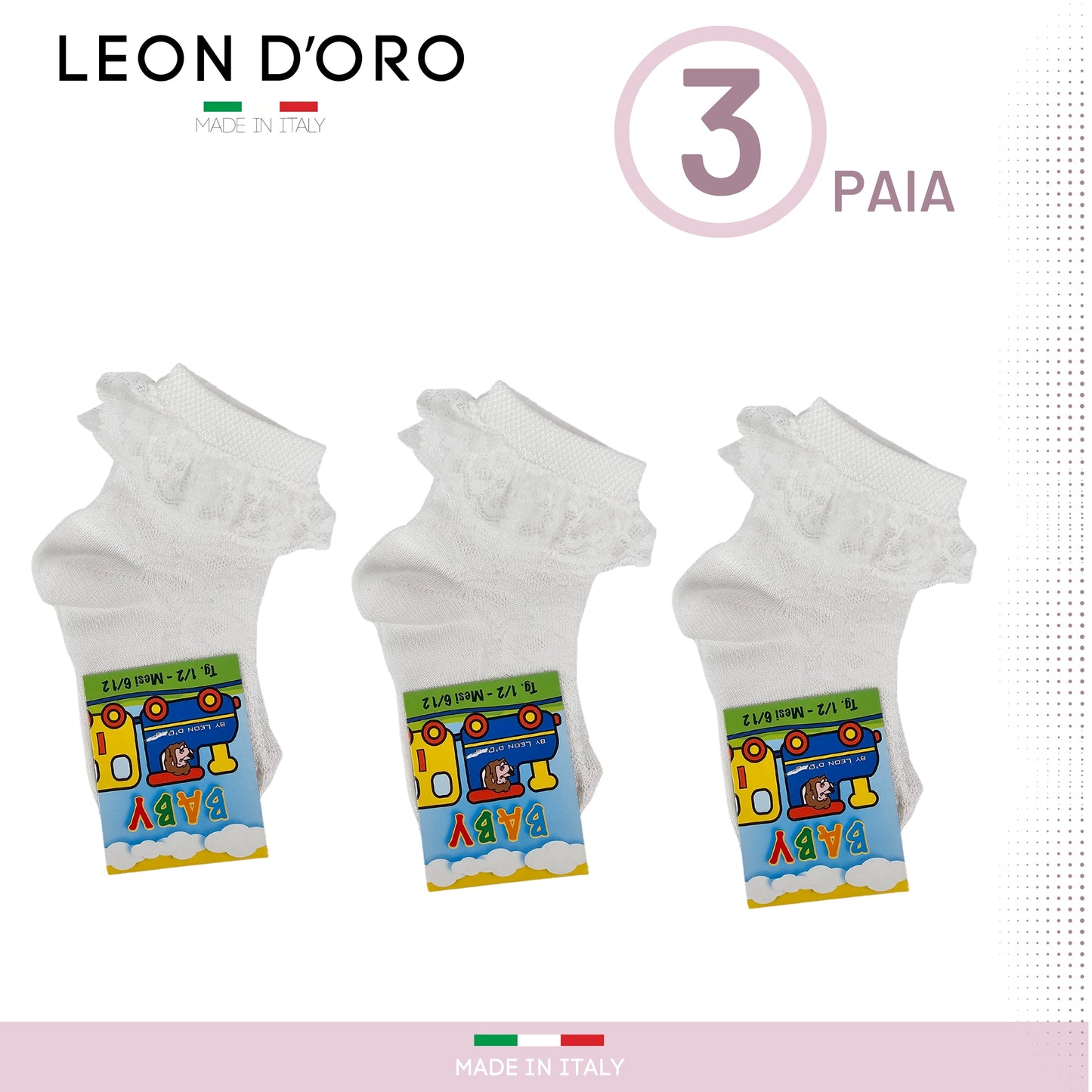 Calzini Neonata Cotone con pizzo 3 Paia Calzini 0/6 mesi -6/12 mesi -12/18 mesi  Mesi Made in Italy