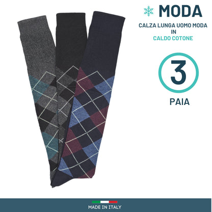 Calze Uomo Caldo Cotone Lunghe 3 Paia calze uomo invernali Fantasia calze Moda Made in Italy ROMBI 3