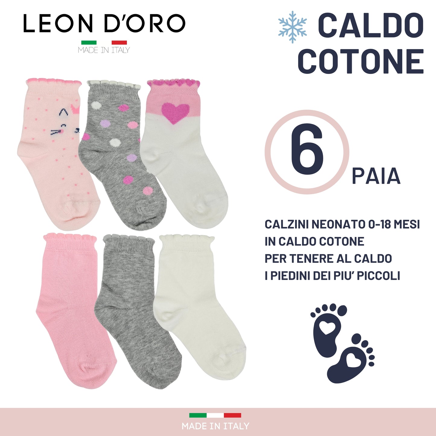 Calzini Bambina Caldo Cotone 6 Paia Calzino Invernale Neonata 0/6 mesi 6/12 mesi 12/18 mesi Made in Italy