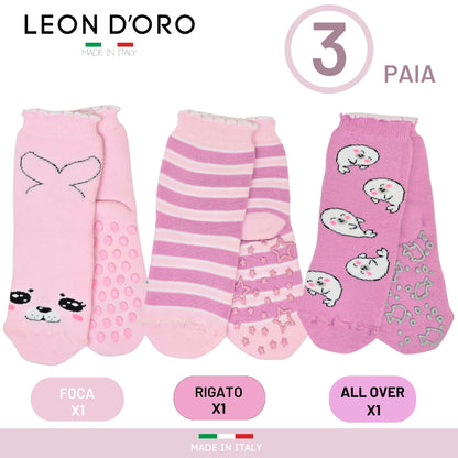 Calzini Neonata antiscivolo Cotone 3 Paia Calzini abs 0/6 mesi -6/12 mesi -12/18 mesi Made in Italy