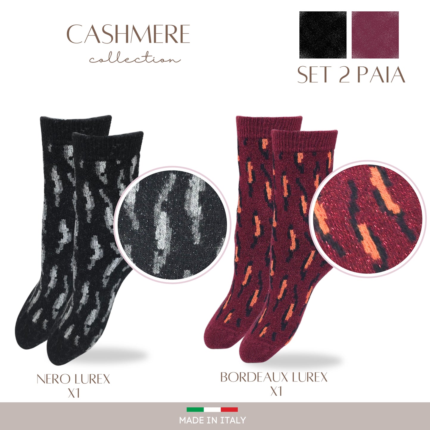 Calze Cashmere Donna Calzini Lana e Cachemire con Lurex Termici Invernali Made in Italy LUREX ASS1