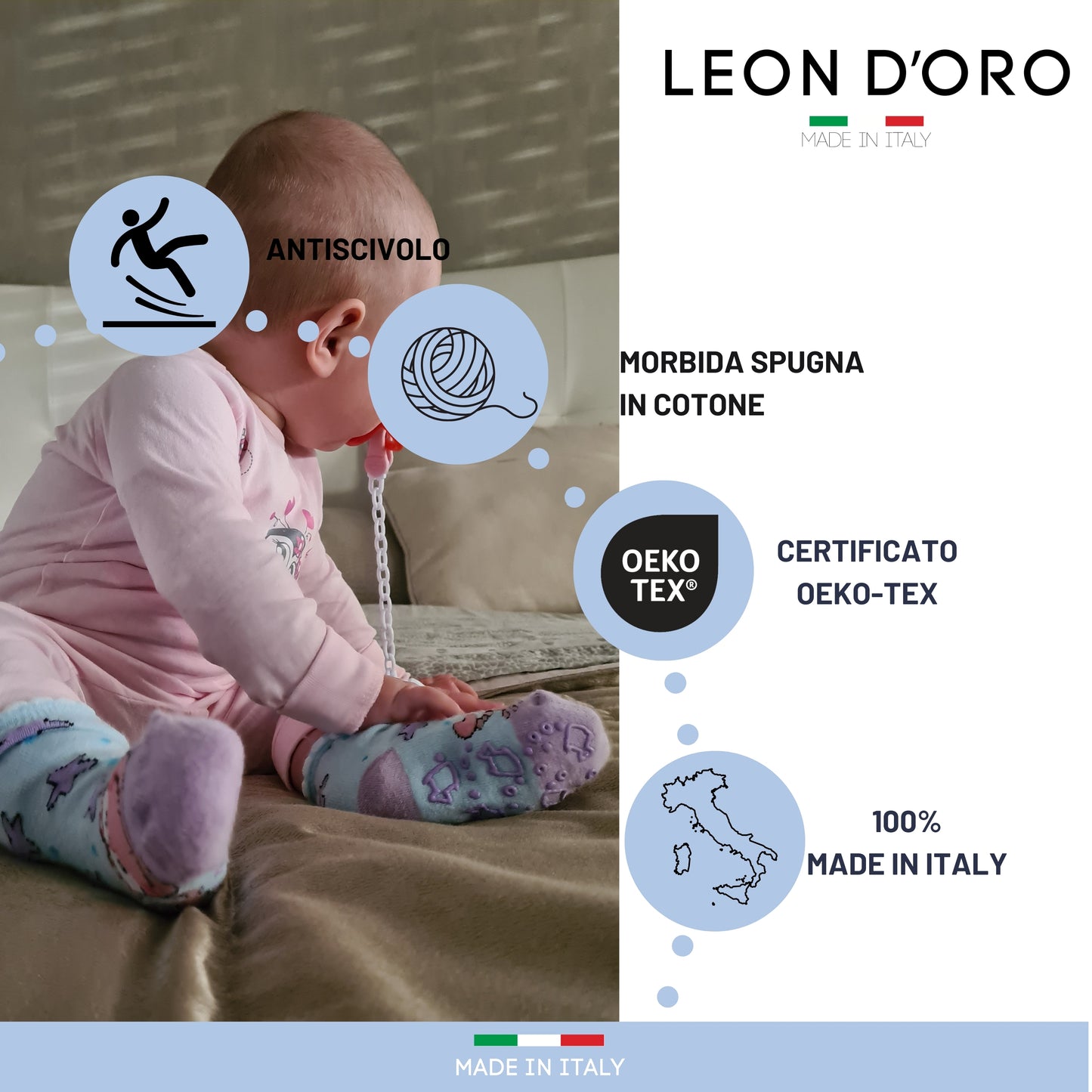 Calzini Neonato antiscivolo Cotone 3 Paia Calzini abs 0/6 mesi -6/12 mesi -12/18 mesi Made in Italy ASS2