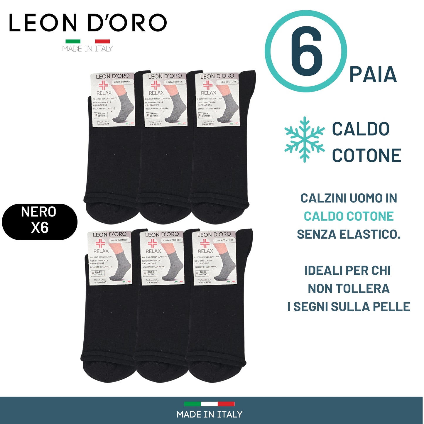 Calze Uomo Senza Elastico per Diabetici 6 paia Calze Uomo Sanitarie Caldo Cotone Made in Italy